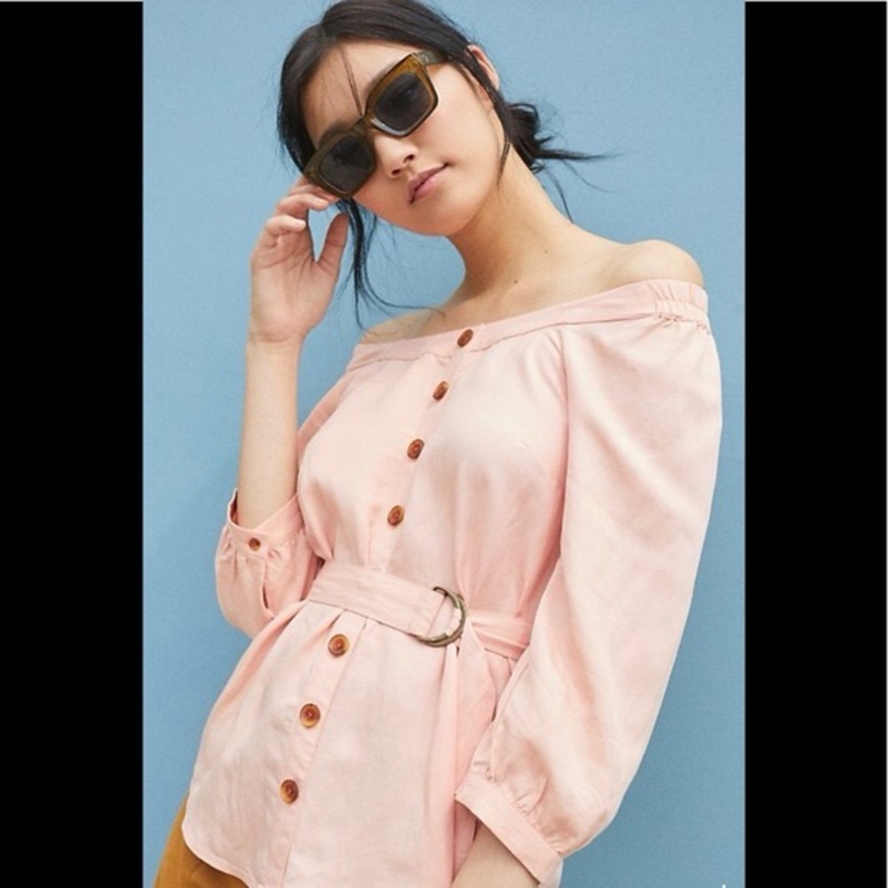 Anthropologie Maeve Belted Blouse Linen Blend Off Shoulder Button Pink US Size 4